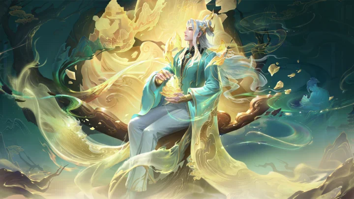一名身穿飘逸长袍的人物坐在金色光影与流动云雾般元素环绕的奇幻场景中。