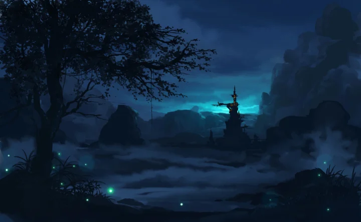 深蓝色雾气笼罩的奇幻画面中，一座高塔矗立在远处，前景散落着微光。