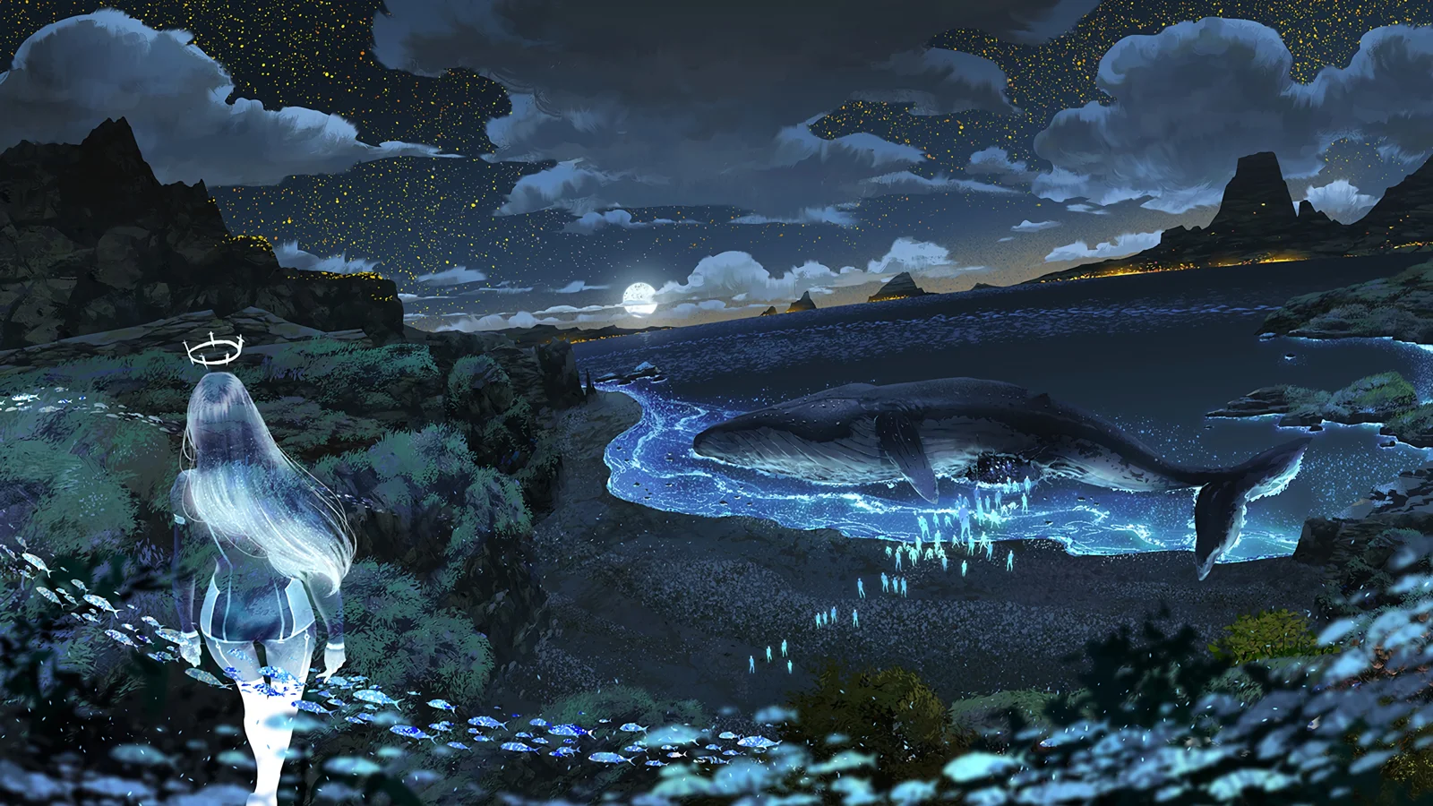 月光照耀著奇幻的夜空、發光的河流和岸邊的動漫角色。