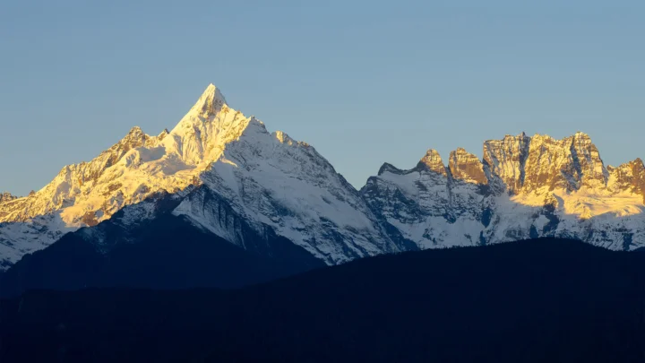 晨光照亮了远处的积雪山峰，前景是深色的森林山脊。