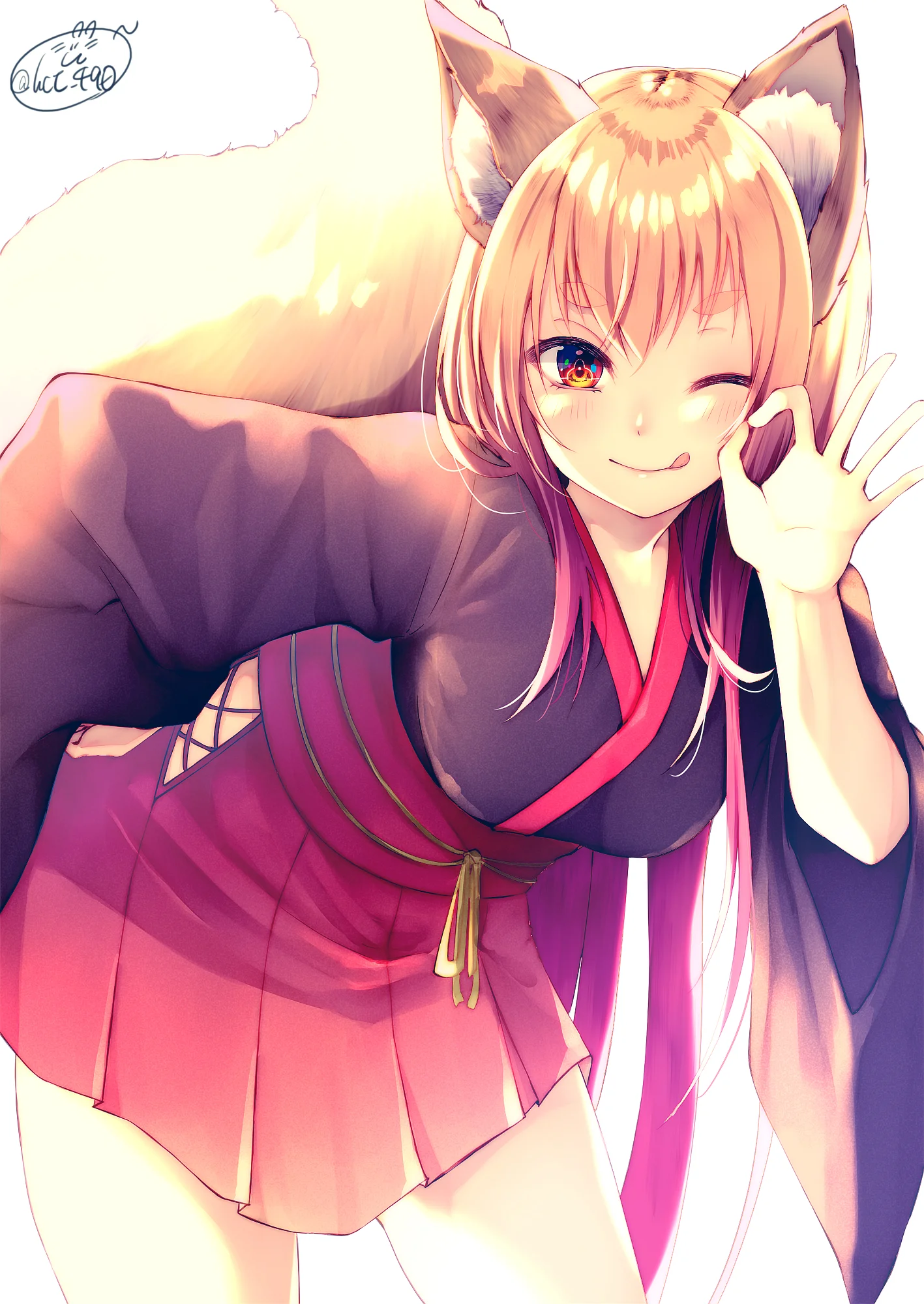 一位身穿和服、戴着狐耳的动漫少女对着画面微笑挥手。