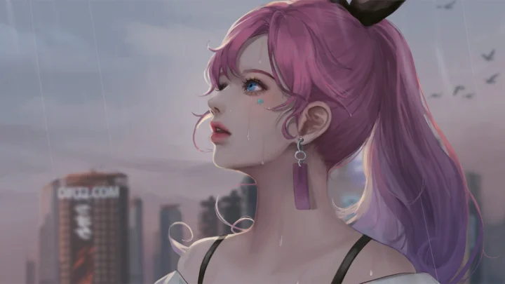 粉色长发的动漫女性在雨幕中侧望远处，背景隐约可见城市建筑。
