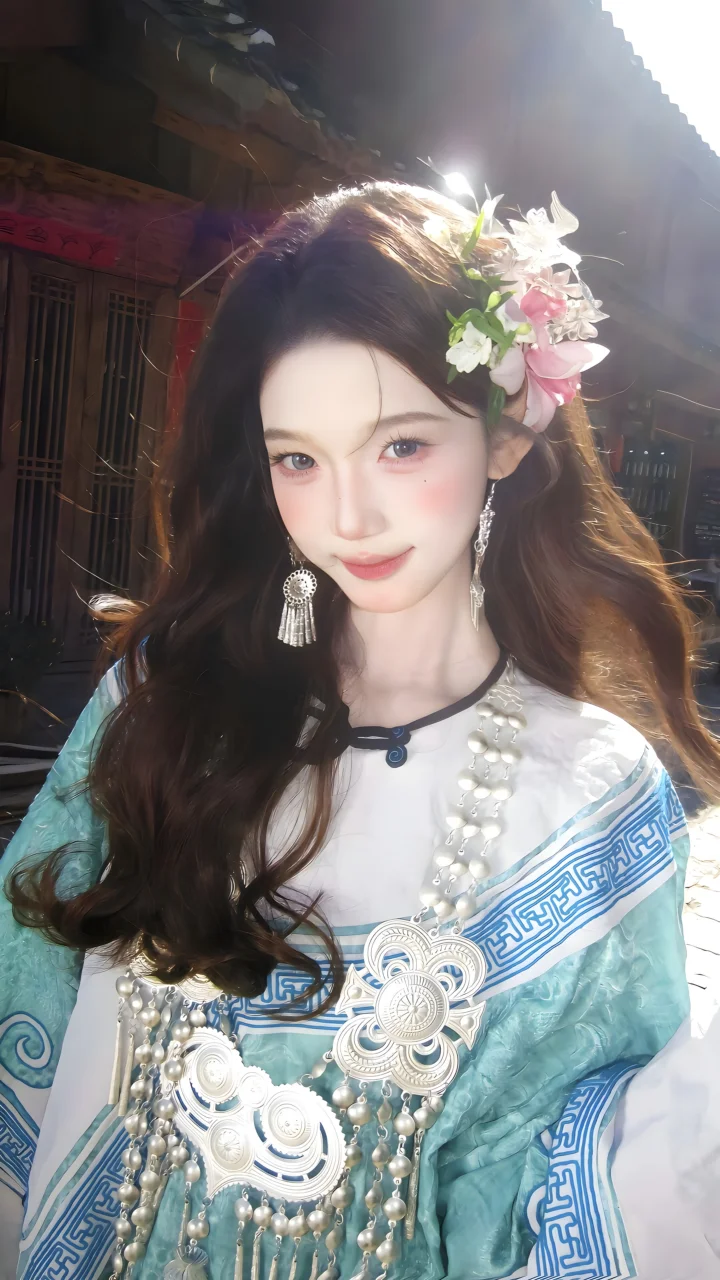 一名佩戴花饰、身着蓝绿色传统服饰的女子站在阳光下。