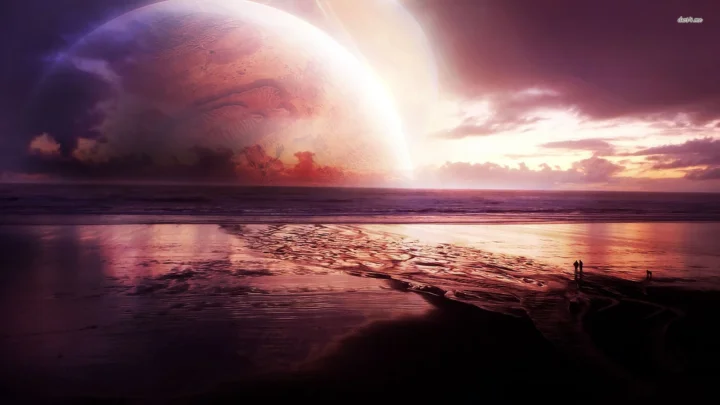 巨大的发光星球悬浮在绚丽的暮色海面上方，海水倒映着紫红色光芒。