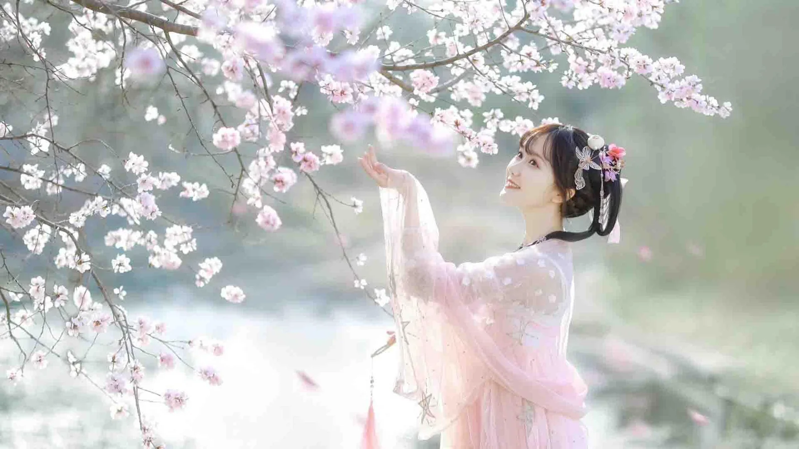 一位身穿浅粉色服饰的女子站在盛开的樱花树下。