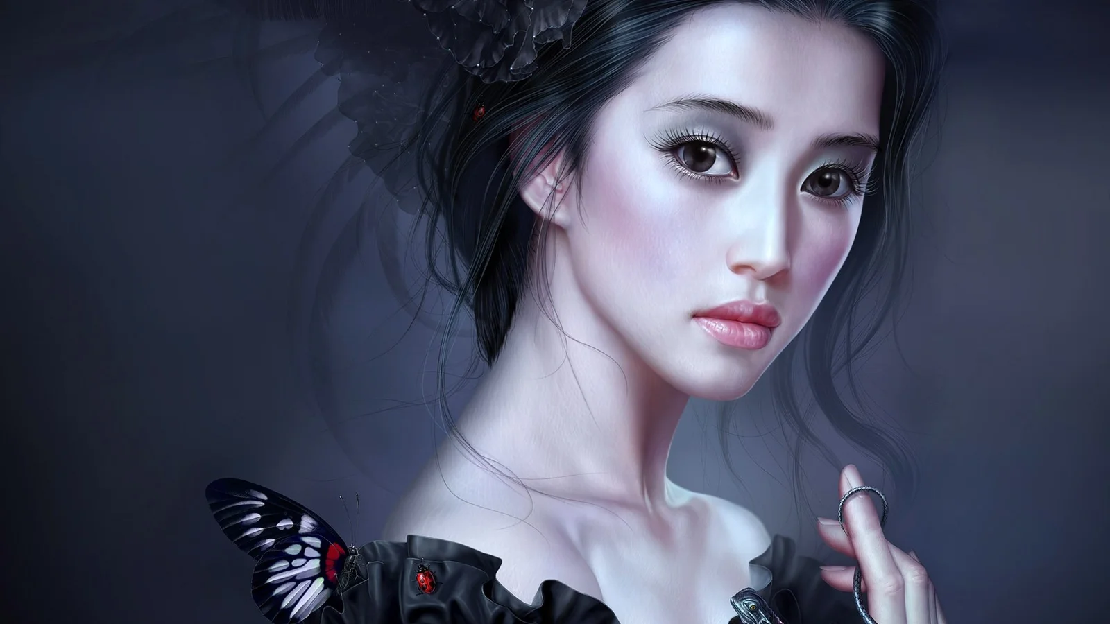 一位黑发女性插画人物在深色背景前凝视镜头，肩旁点缀着蝴蝶元素。