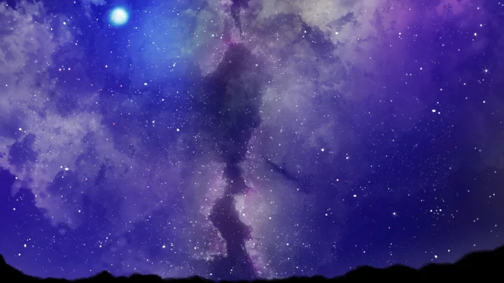 紫蓝色星云与繁星构成绚丽的宇宙夜空，底部带有黑色地平线剪影。
