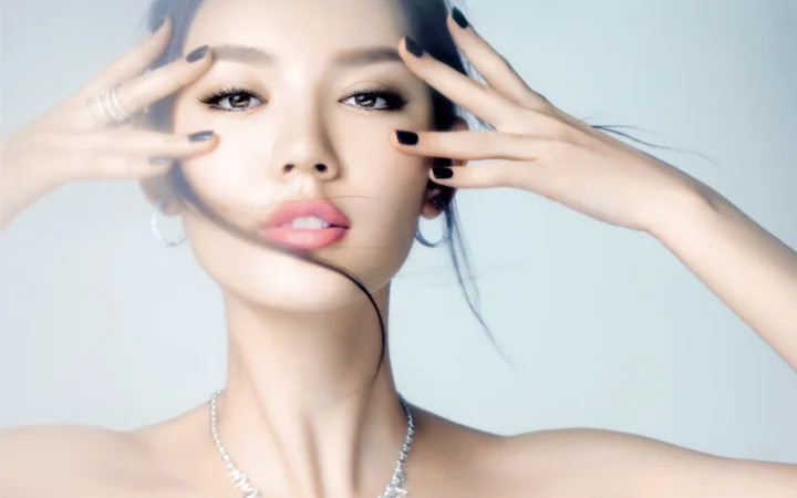 一名成年女性以近距离肖像构图面对镜头，双手置于脸部两侧，背景为浅灰色。
