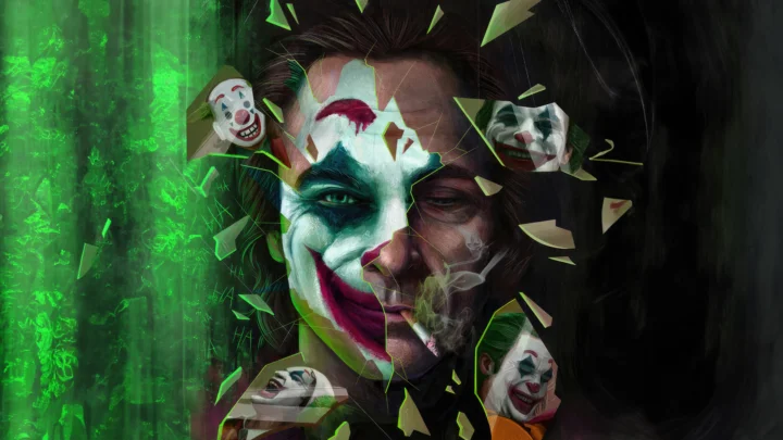 一幅数字艺术作品描绘了一张被小丑妆容与悬浮碎片分割的成人面孔。