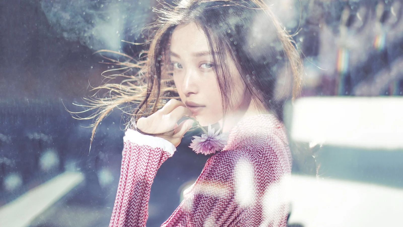 一名女性在明亮的阳光和树影前侧脸凝视镜头。