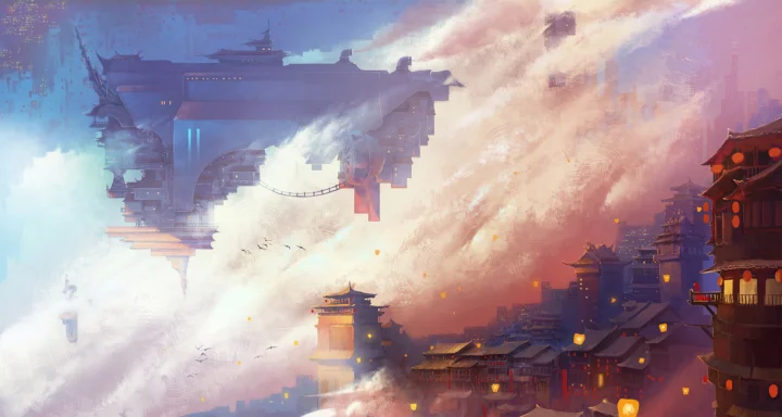 一座带有中式楼阁的幻想城市漂浮在绚丽云海之间。