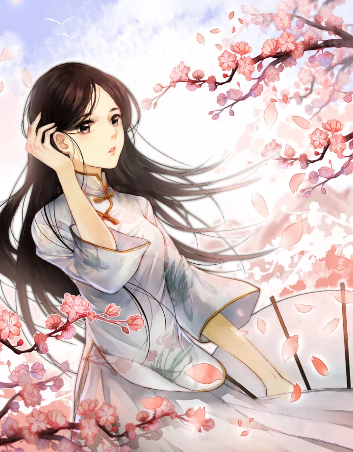 淡い伝統風の服を着た長髪の女性が、桜の枝と舞い落ちる花びらに囲まれています。