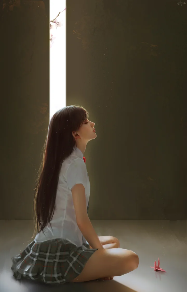 一名穿白色上衣和格纹裙的女性侧身坐在窗边地面上，明亮的窗光照亮了她的轮廓。