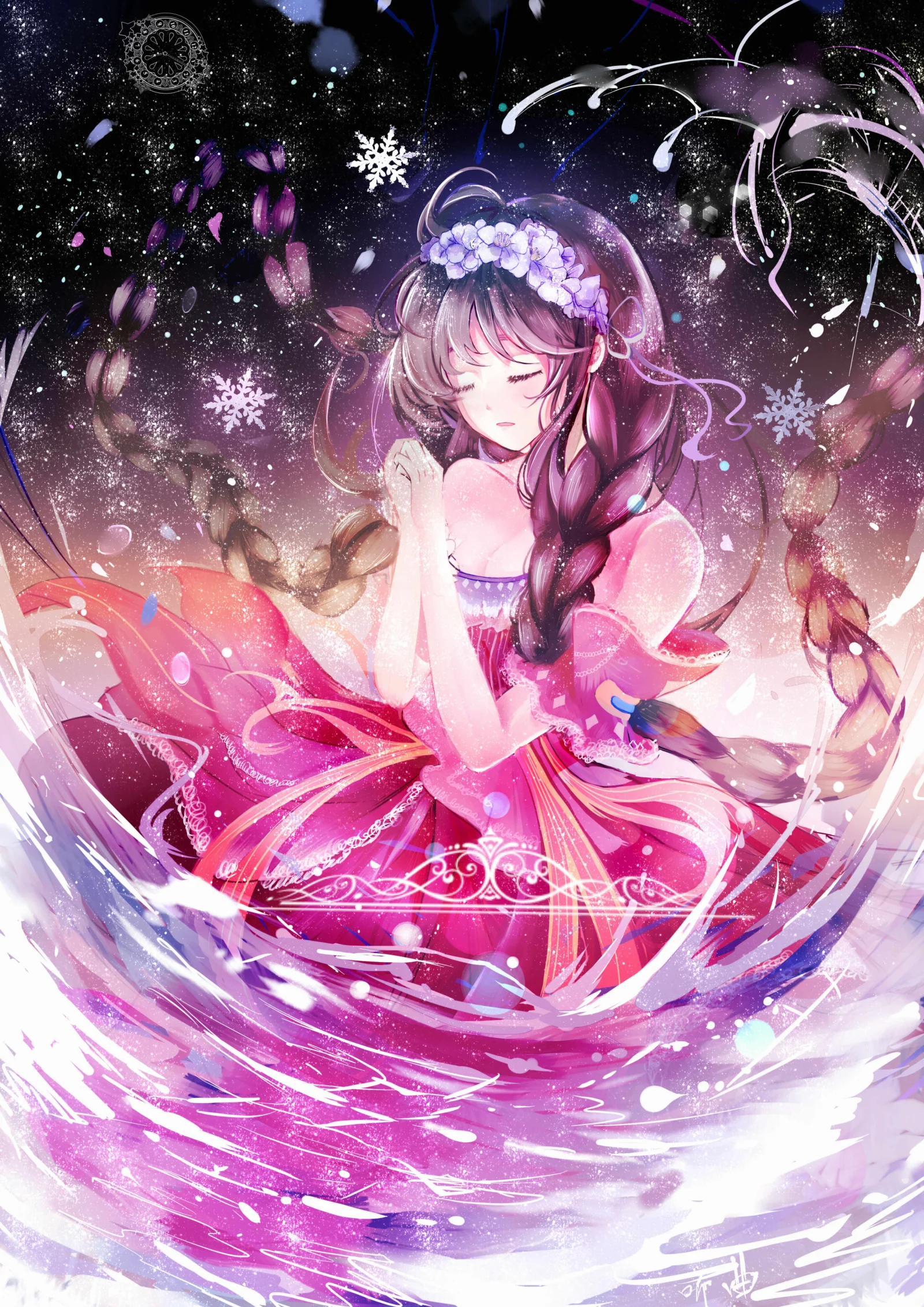 花冠をかぶり、ピンクのドレスを着たアニメの少女が、きらめく水しぶきと花びらに囲まれています。
