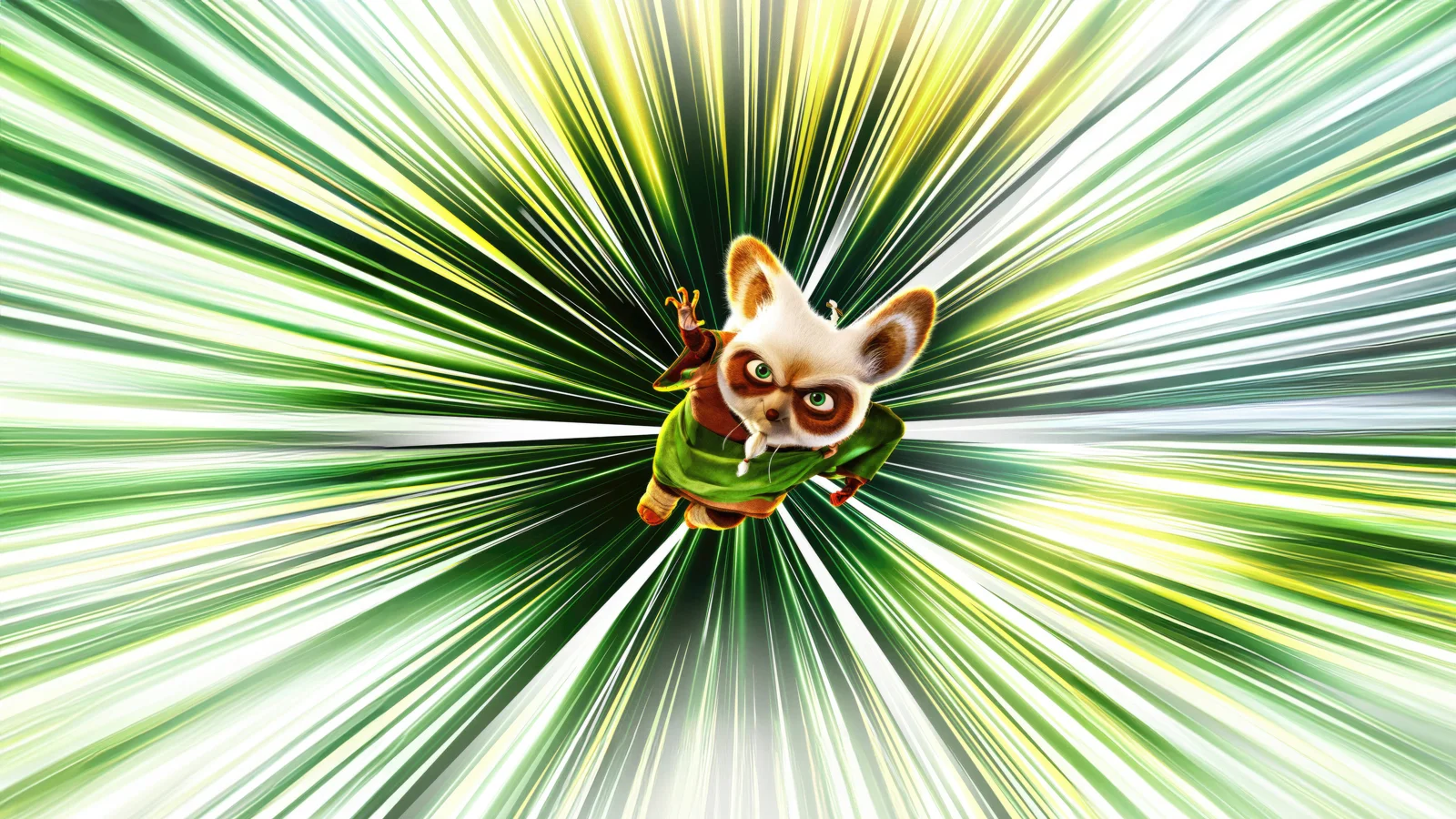 一只穿着绿色服装的卡通猫咪位于画面中央，周围是绿色和白色的放射状线条。