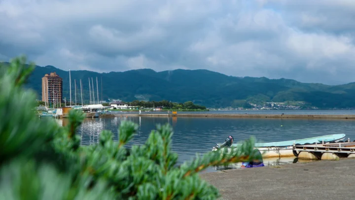 湖面、山脉、码头和前景绿植构成宁静的宽屏自然景观。