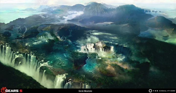 画面展现群山、森林与多重瀑布交织的壮丽自然景观。