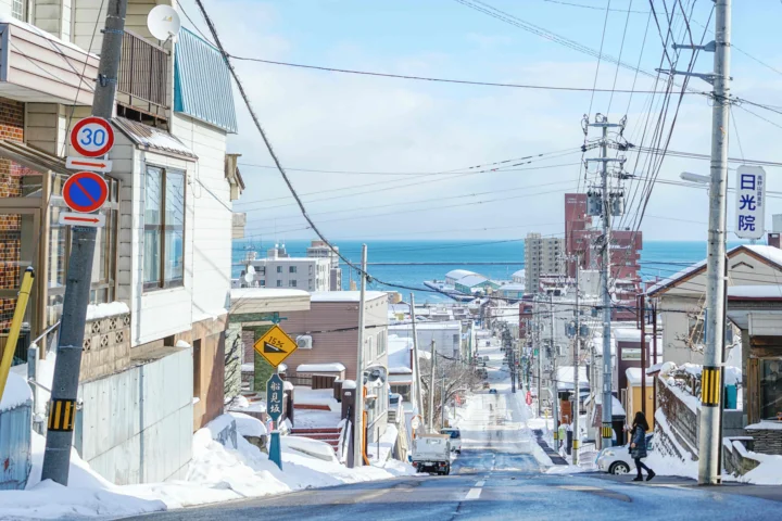 一条积雪的城市街道向海边延伸，沿途可见建筑、电线杆和远处的蓝色海面。