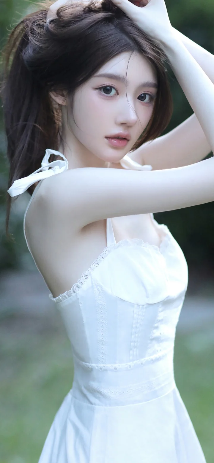 一名身穿白色连衣裙的女性在户外抬手整理头发。