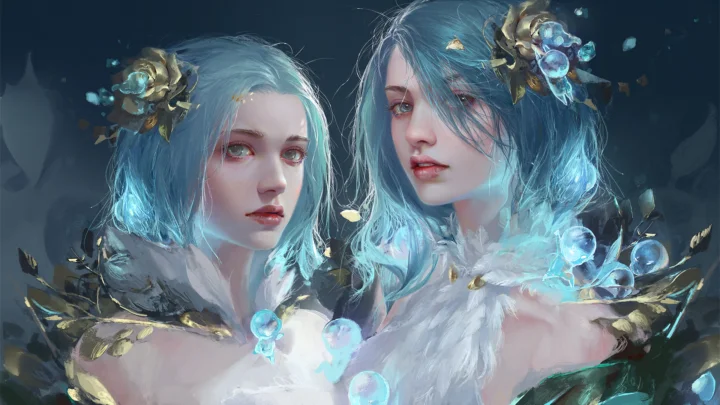 画面展示两位蓝发女性角色，周围点缀花饰与发光的蓝色元素。