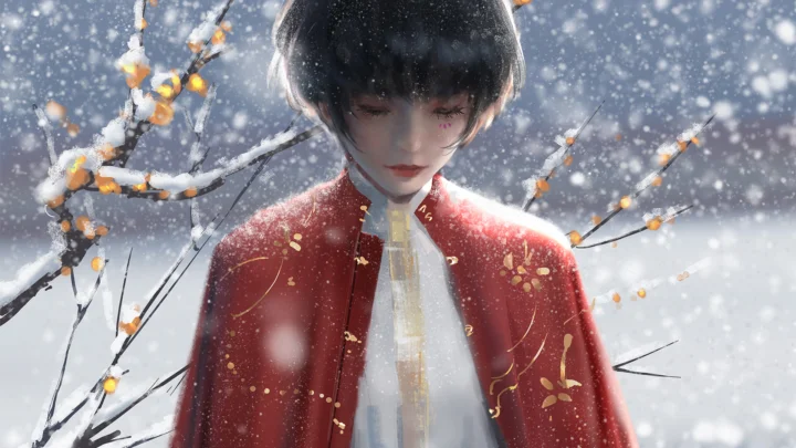一名身穿红色外套的动漫人物站在飘雪与开花树枝之间。