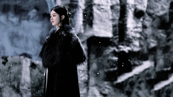 一名身穿黑色外套的女子站在飘雪的森林中。