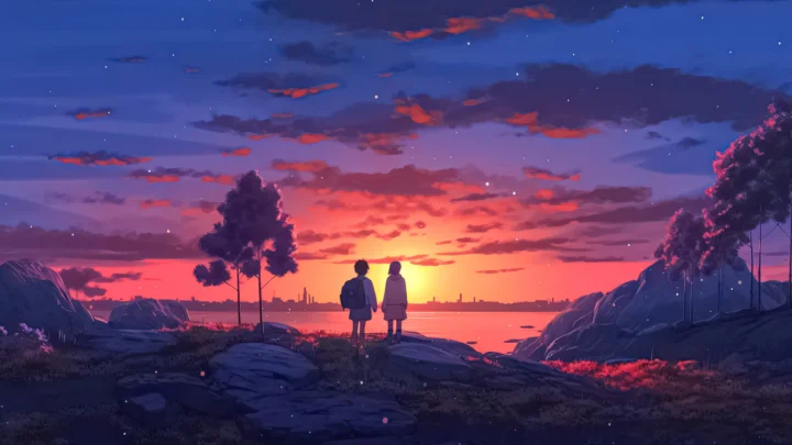 两名小小的人影站在岩石海岸上，远处海面映着绚丽的晚霞。
