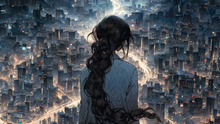 一名长发女性背对画面站在前景，俯瞰灯火交错的未来感城市。
