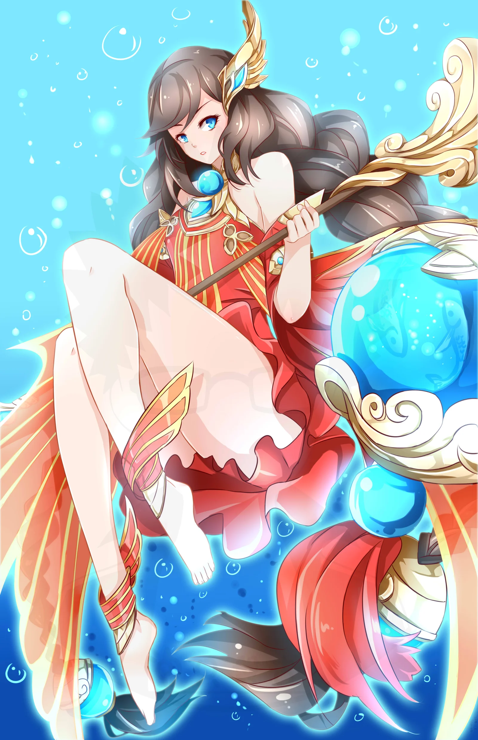 赤いドレスのアニメ風の女性が華やかな杖を持ち、明るい青い水晶玉と泡のモチーフに囲まれています。