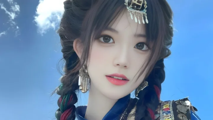 一位佩戴头饰和耳饰、梳着双辫的女子在蓝天背景前面向镜头。
