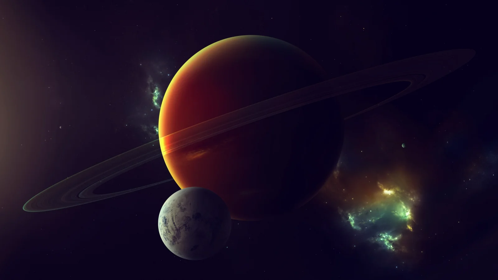 一颗带环行星和一颗较小的卫星漂浮在深色星空与发光星云之间。