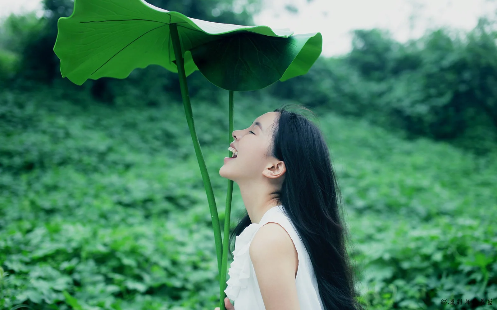 緑の植物に囲まれた女性が、大きな蓮の葉のそばで上を向いて微笑んでいる。