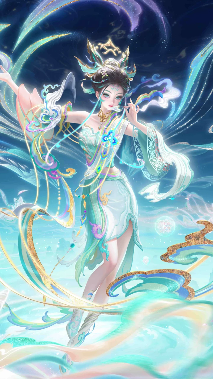 一名身着华丽青白色服饰的动漫女性立于流动的水光与彩色装饰之间。