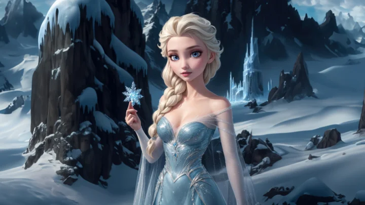 一名身穿蓝色礼服的金发女性站在冰雪覆盖的山地中，手持雪花状物体。