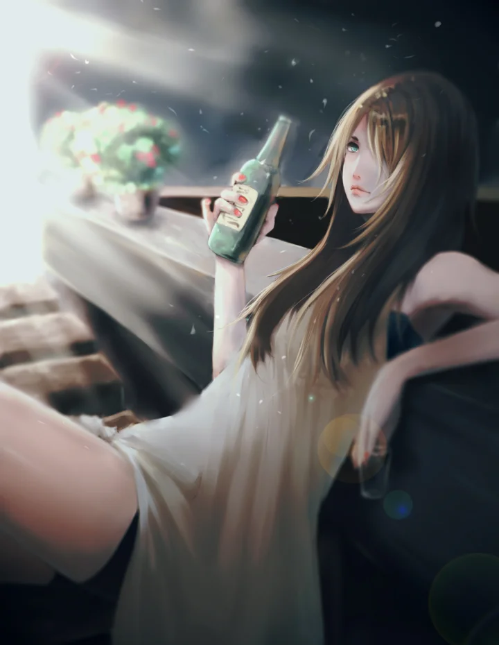 長い髪のアニメ風の女性が、室内の光と影の中で飲み物のボトルを手にしています。