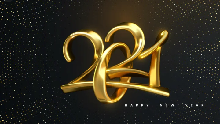 深色背景上呈现立体金色数字“2021”、金色点状图案和“HAPPY NEW YEAR”文字。