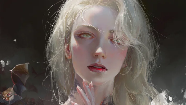 画面展示一位金发女性的近距离插画肖像，背景深暗。