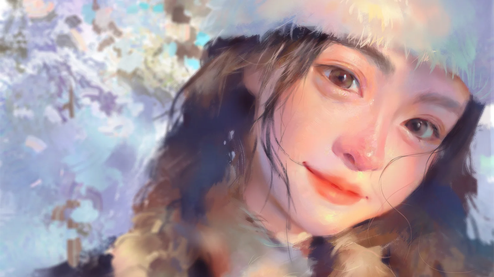一幅绘画风格的女性面部特写，柔和的蓝紫色背景衬托出明亮的眼睛和细腻的表情。
