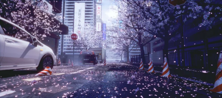 桜の木が並ぶ都市の通りに花びらが広がり、車とカラーコーンが見える。