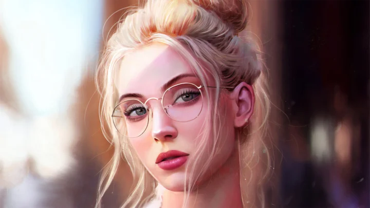 画面展示一位戴圆框眼镜的金发女性近距离肖像，背景呈现柔和的虚化光影。