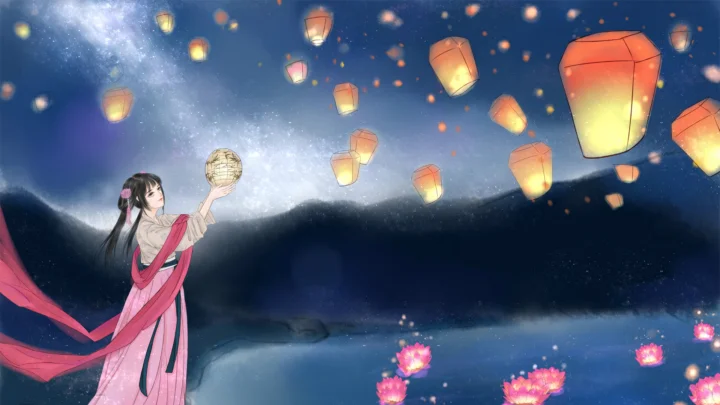 一名身穿飘逸长裙的动漫女子站在湖畔，仰望夜空中漂浮的众多灯笼，湖面点缀着荷花。