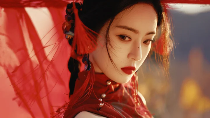 一名身穿红色传统服饰的女性在红色光影中回望镜头。