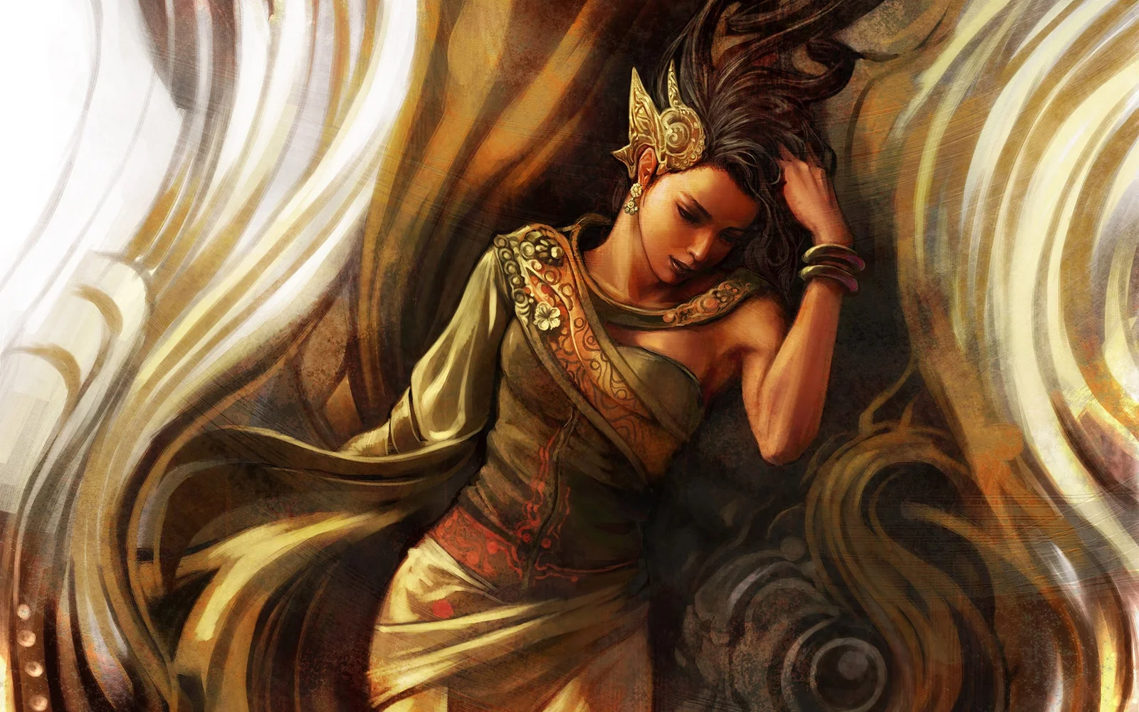 一幅风格化插画展示了一名身穿华丽金橄榄色服饰的成年女性，周围环绕着深色与金色的流动形状。