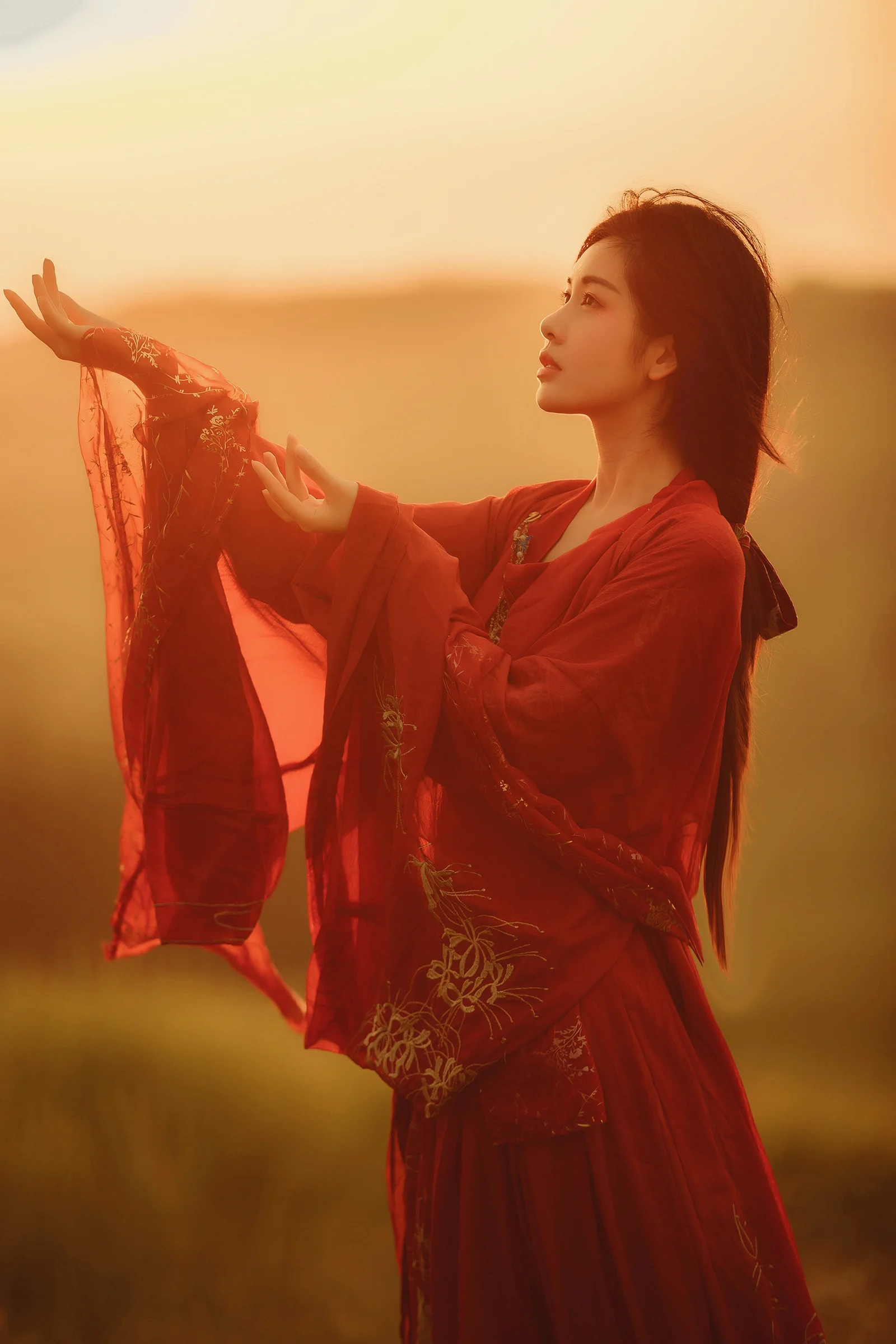 一名身穿红色长袍的成年女子在金色夕阳下抬手而立。