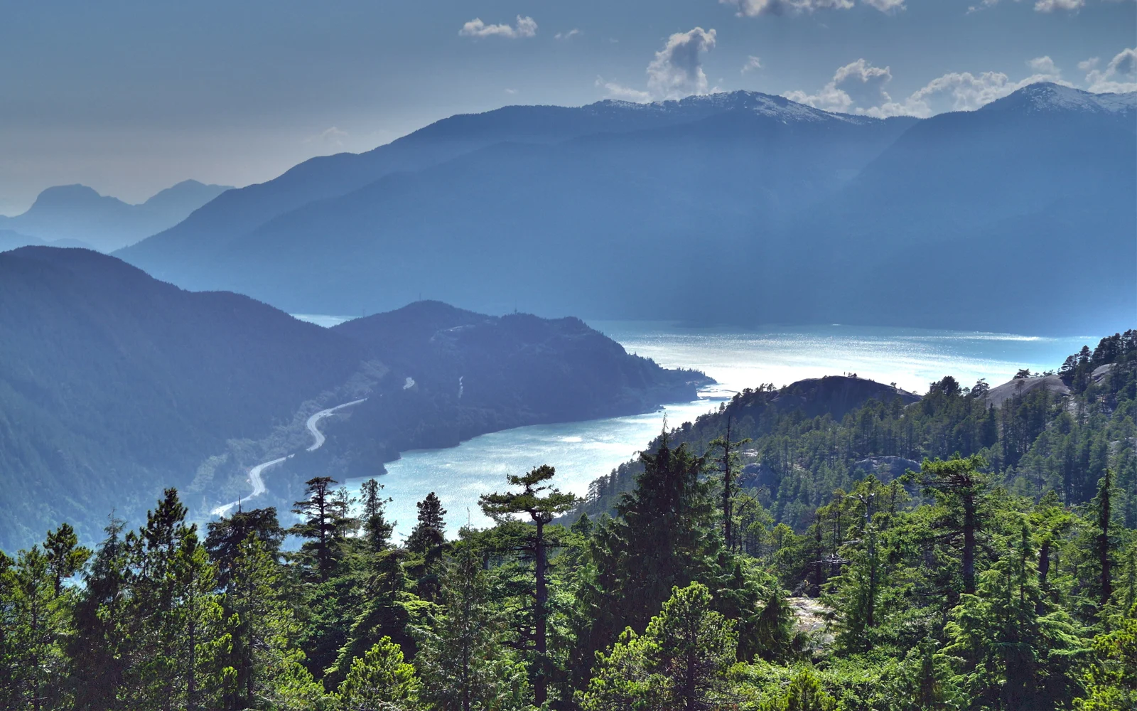 画面展现群山、湖泊与茂密森林组成的壮丽自然风光。