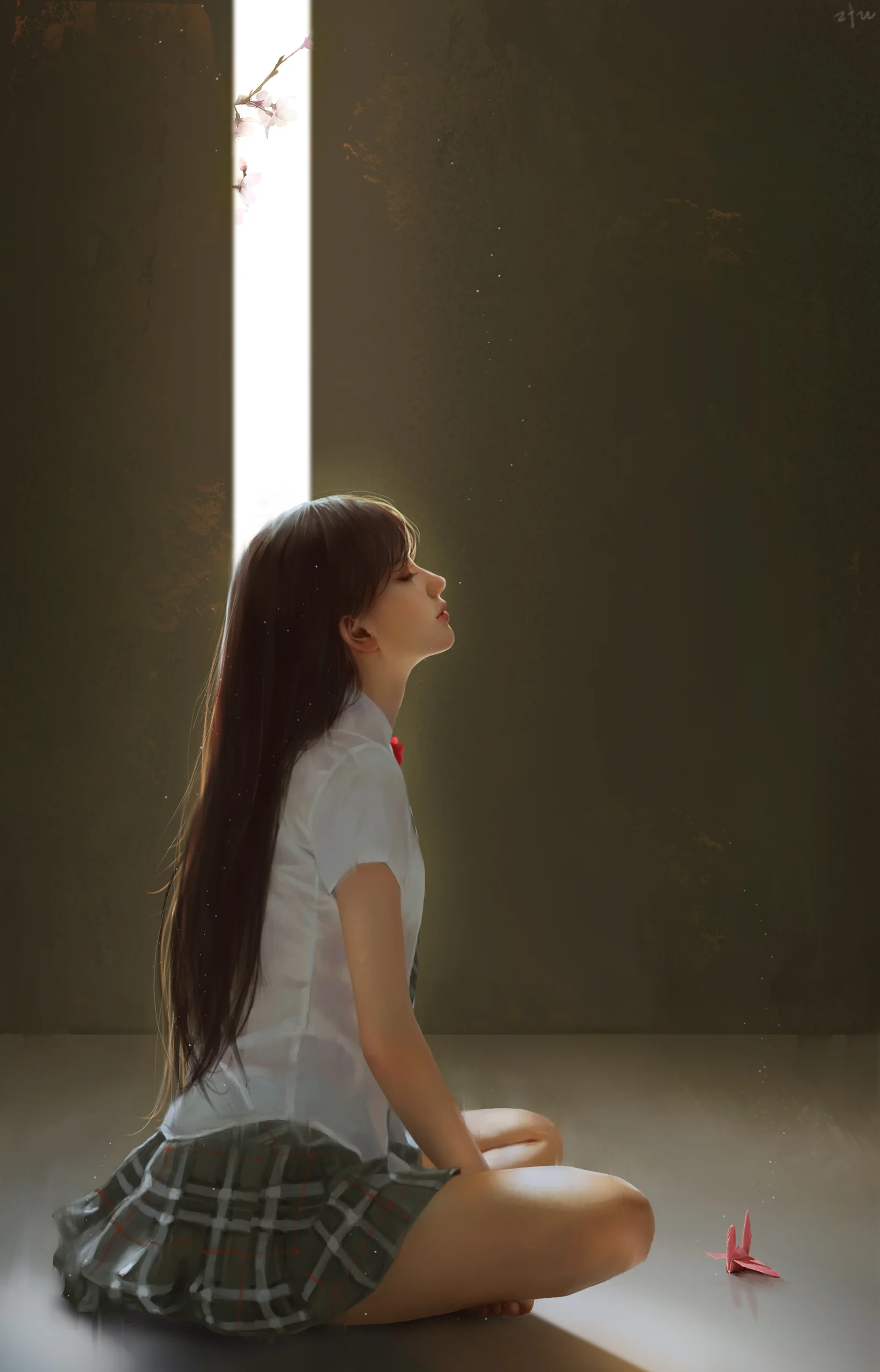 一名穿白色上衣和格纹裙的女性侧身坐在窗边地面上，明亮的窗光照亮了她的轮廓。