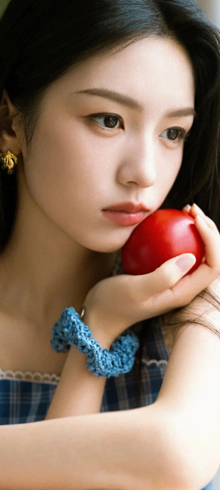 一位女性近距离手持红苹果，面向镜头侧前方。