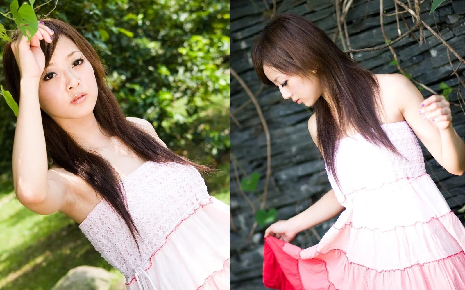 연한 분홍색 원피스를 입은 성인 여성이 야외의 녹지와 나무 배경 앞에서 포즈를 취하고 있습니다.