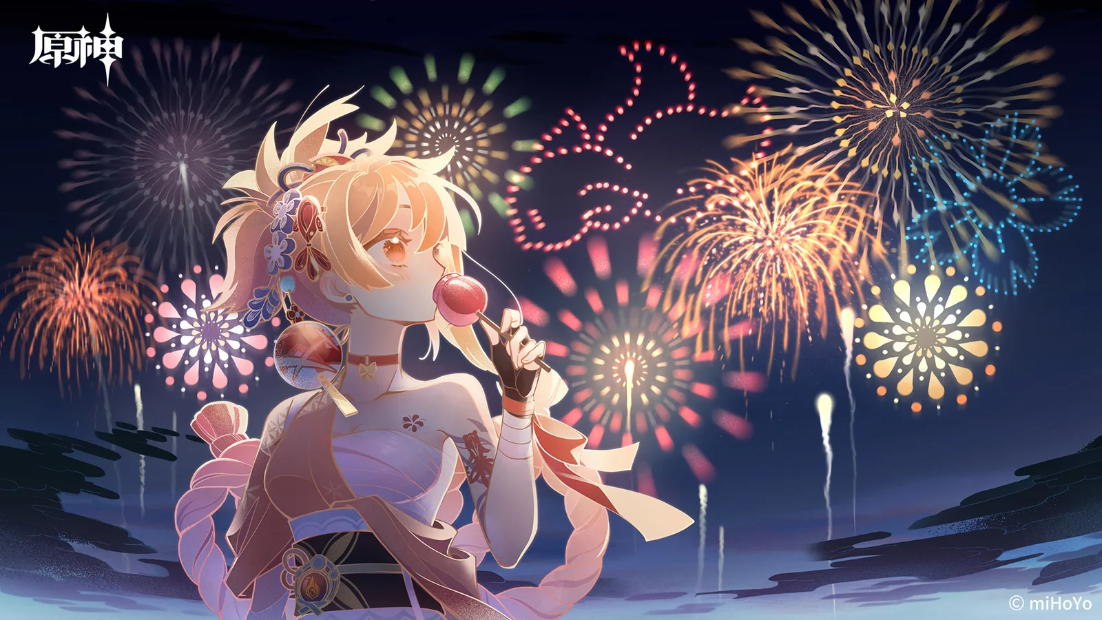 色鮮やかな花火が広がる夜空を背景に、アニメ風の少女がロリポップを手にしている。