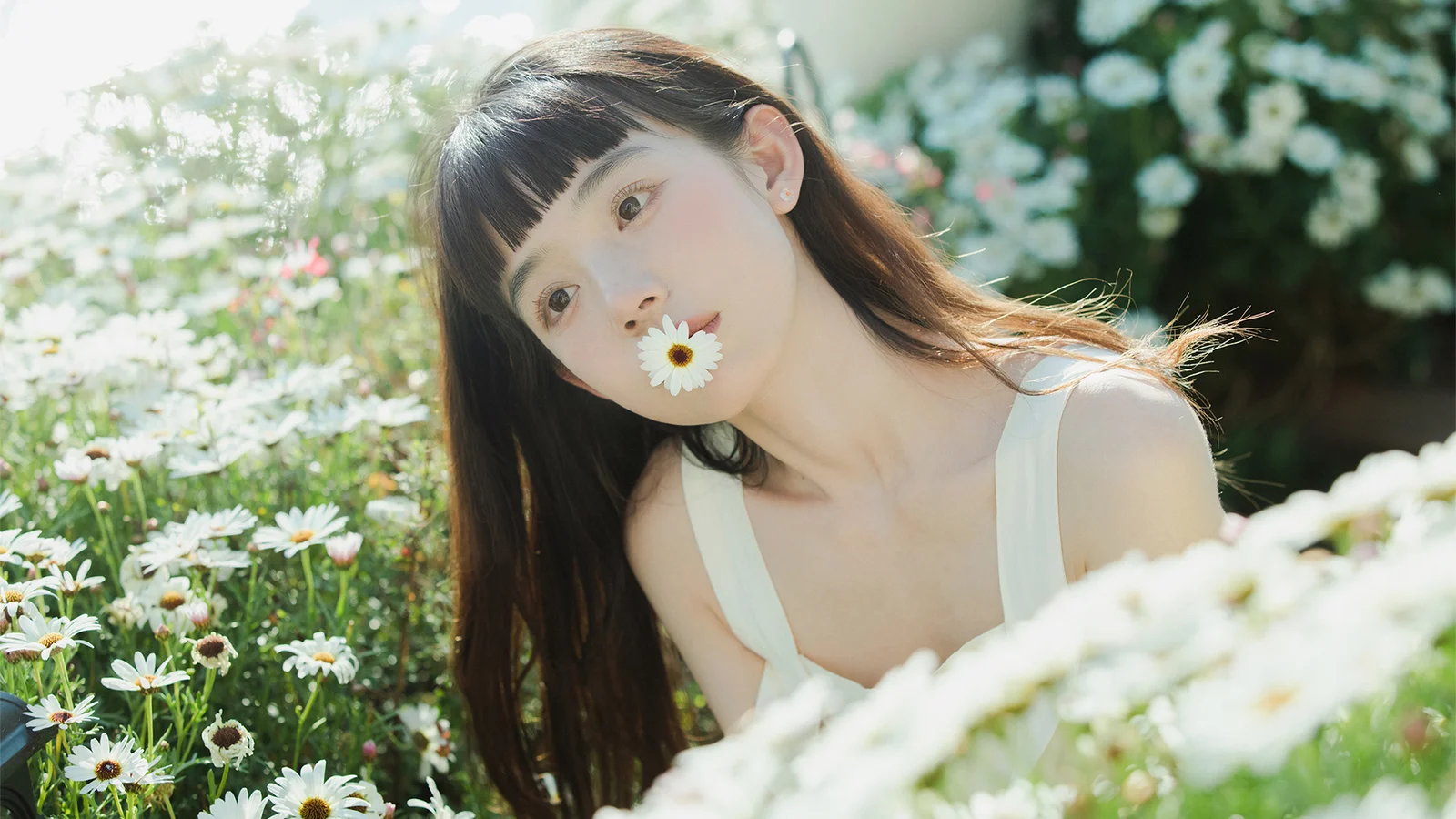 一名女子在陽光下的雛菊花叢中含著一朵小花。